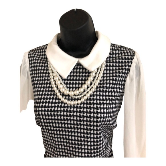 Black white houndstooth sheer long sleeve Pearl necklace Peter Pan collar sheath - Picture 13 of 15